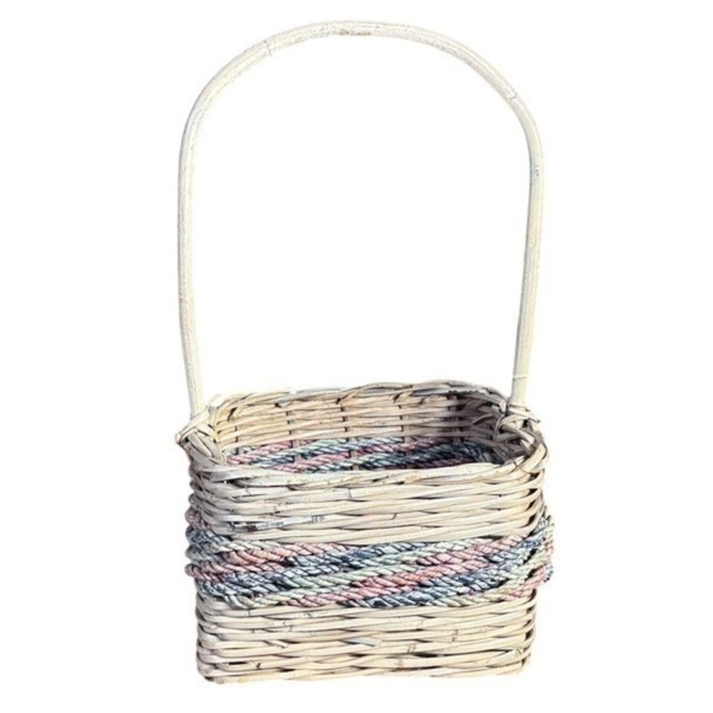 Vintage White Wicker Basket Square Shaped w/Colored Braid Easter 90s 17.5" GUC